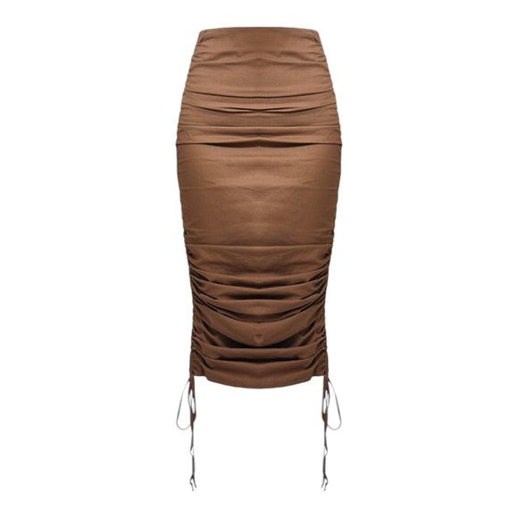 Khaki Woven Linen Look Extreme Ruched Tie Hem Midaxi Skirt - Picture 1 of 5